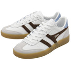 Pair of white Gola sneakers with brown stripes, light blue accents, and gum soles.