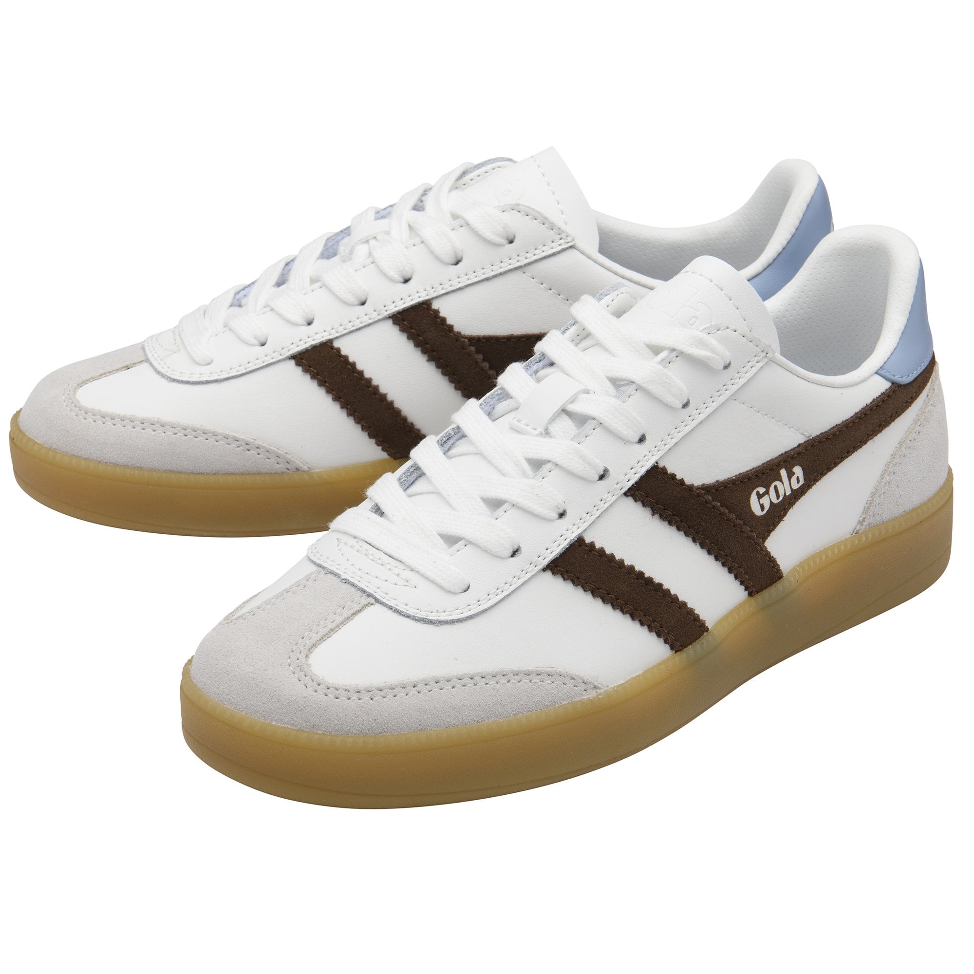 Pair of white Gola sneakers with brown stripes, light blue accents, and gum soles.