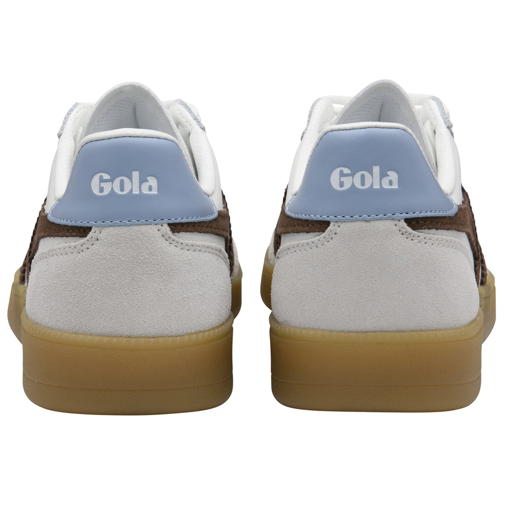 Rear view of two Gola sneakers in white, brown, and light blue with gum soles