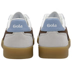 Rear view of two Gola sneakers in white, brown, and light blue with gum soles