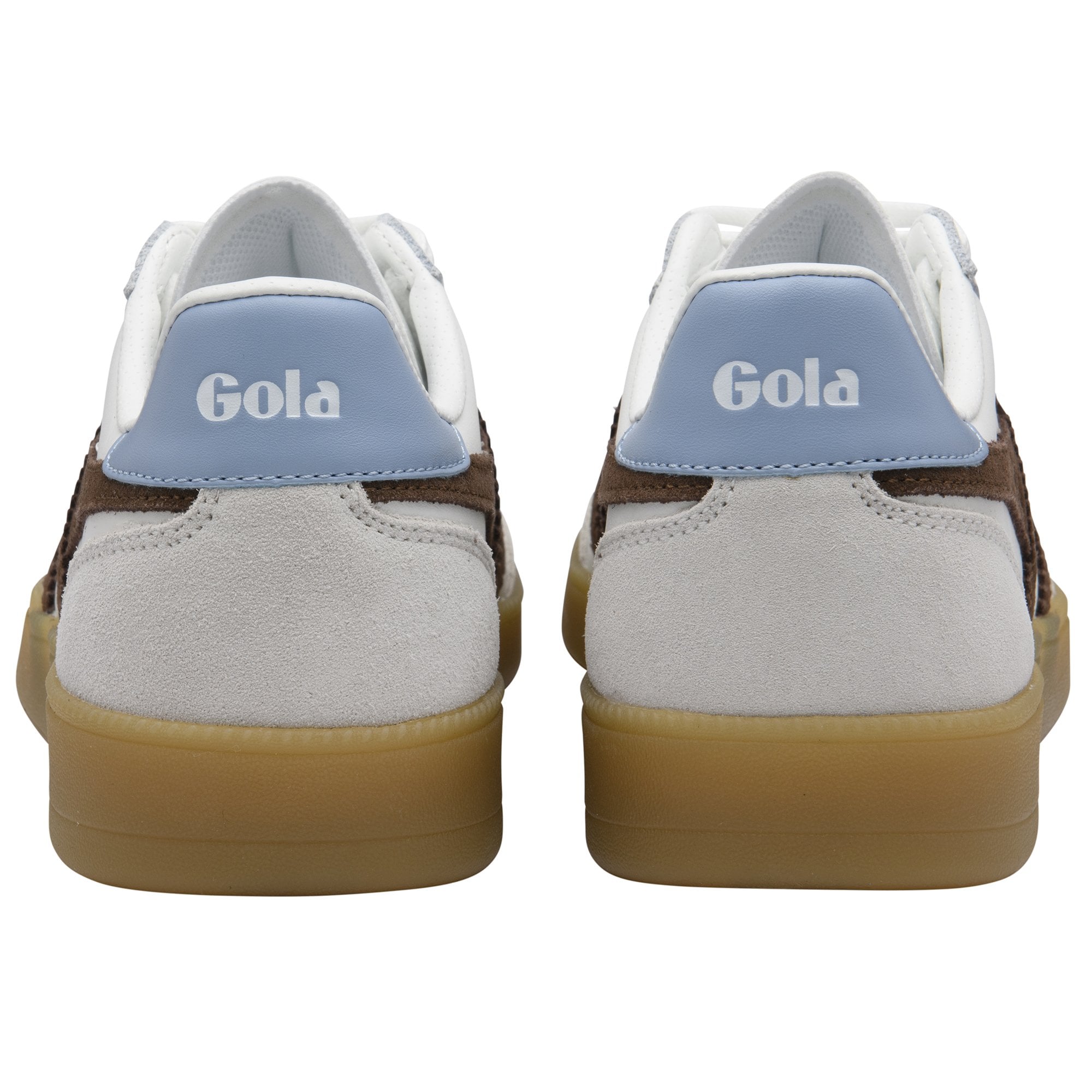 Rear view of two Gola sneakers in white, brown, and light blue with gum soles