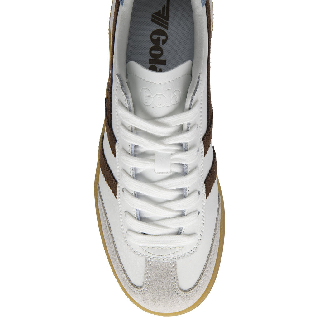 Top-down view of a white Gola sneaker with brown stripes and a gum sole.