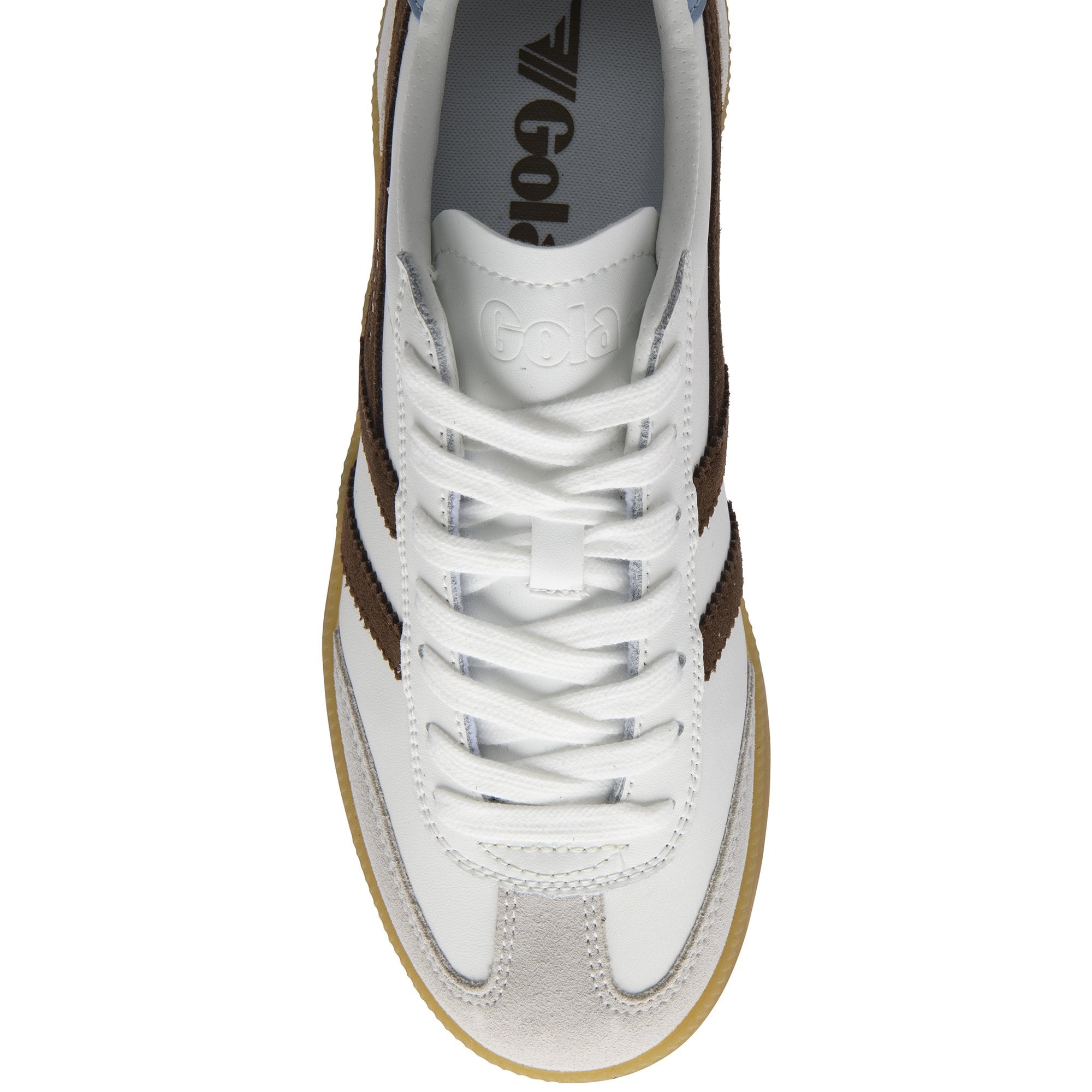 Top-down view of a white Gola sneaker with brown stripes and a gum sole.