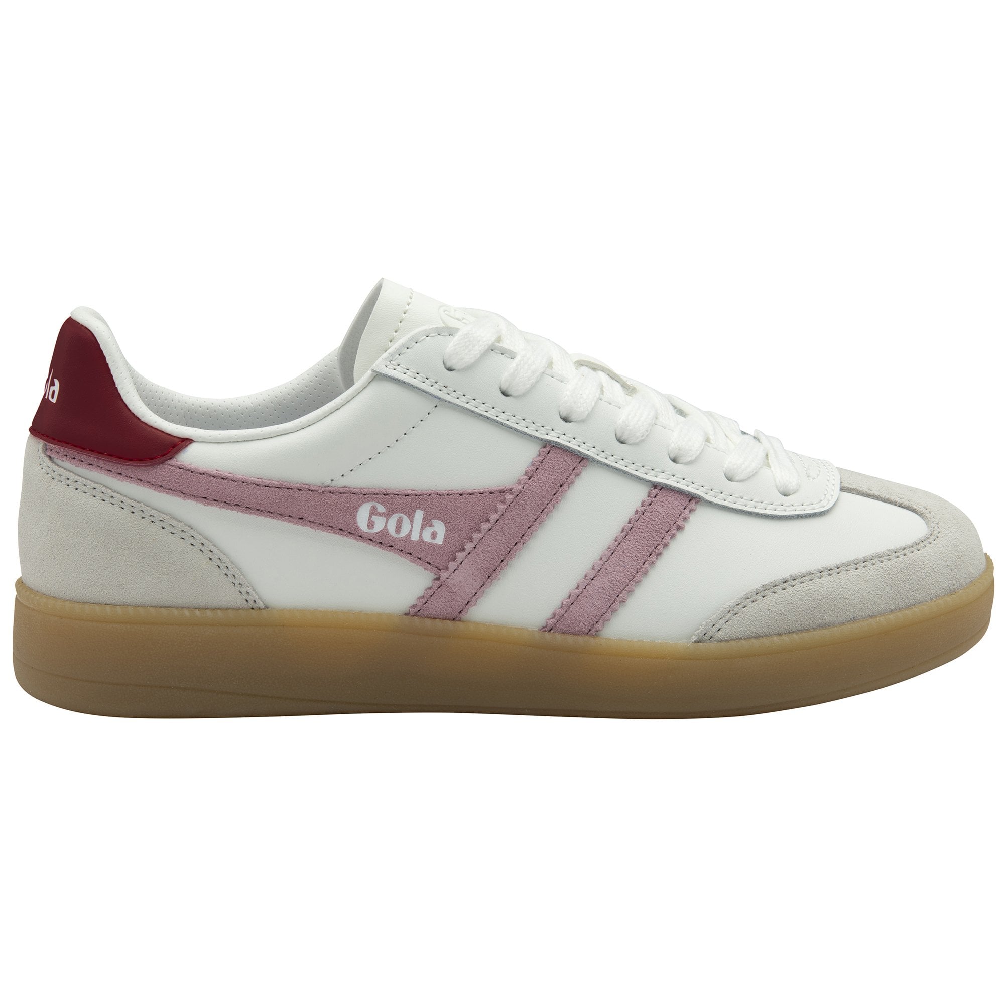 White Gola sneakers with pink stripes and a maroon heel tab, featuring a light brown sole.