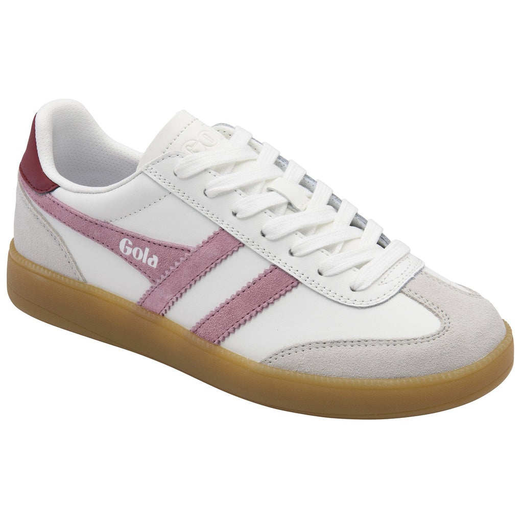 White Gola sneaker with pink stripes and a gum sole
