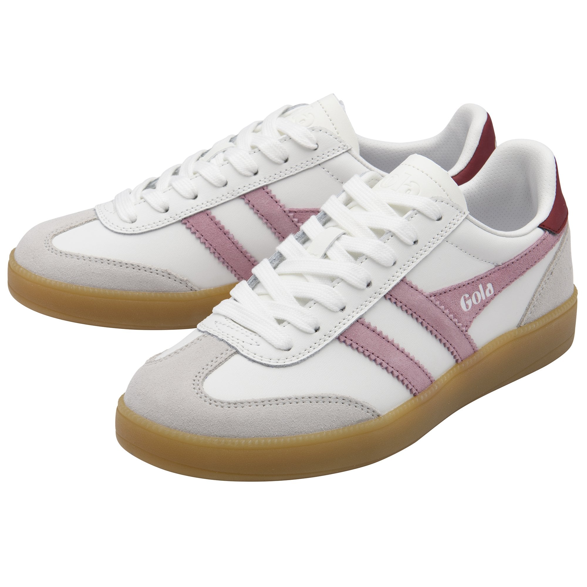 Pair of white Gola sneakers with pink stripes, grey suede toe and heel, and gum sole.