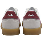 Rear view of two white Gola sneakers with maroon heel tabs and light brown soles.