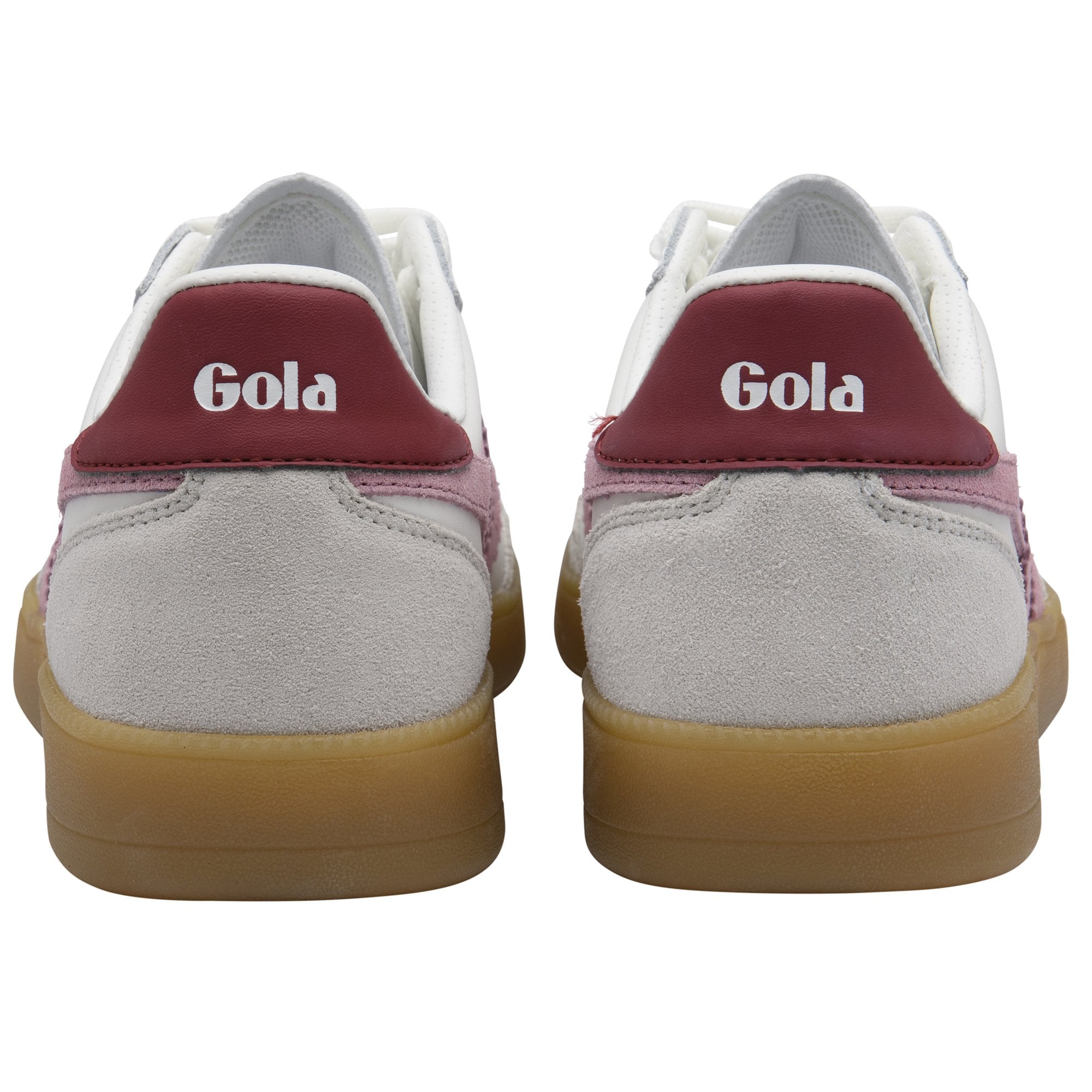 Rear view of two white Gola sneakers with maroon heel tabs and light brown soles.