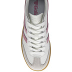 Top-down view of a white Gola sneaker with pink stripes and white laces.