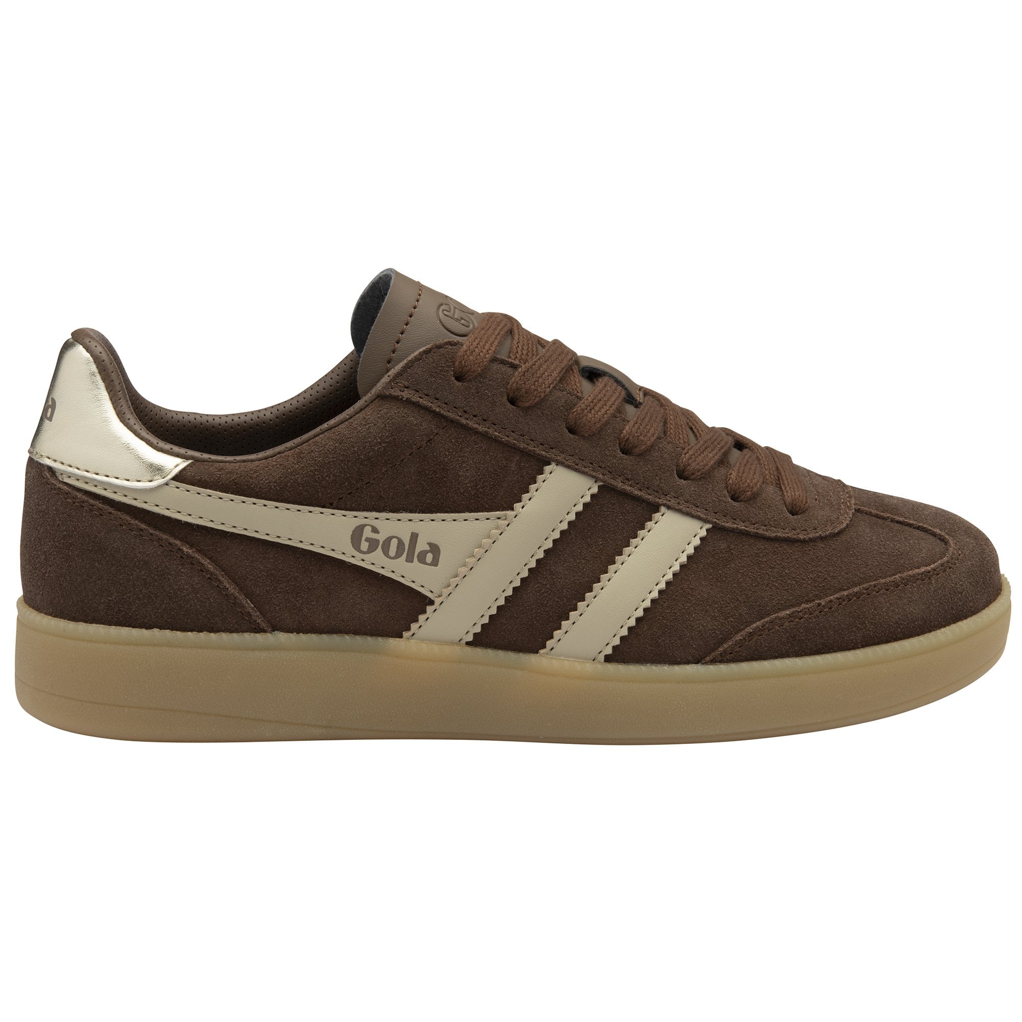 Brown Gola men's sneaker with cream stripes and a tan sole.