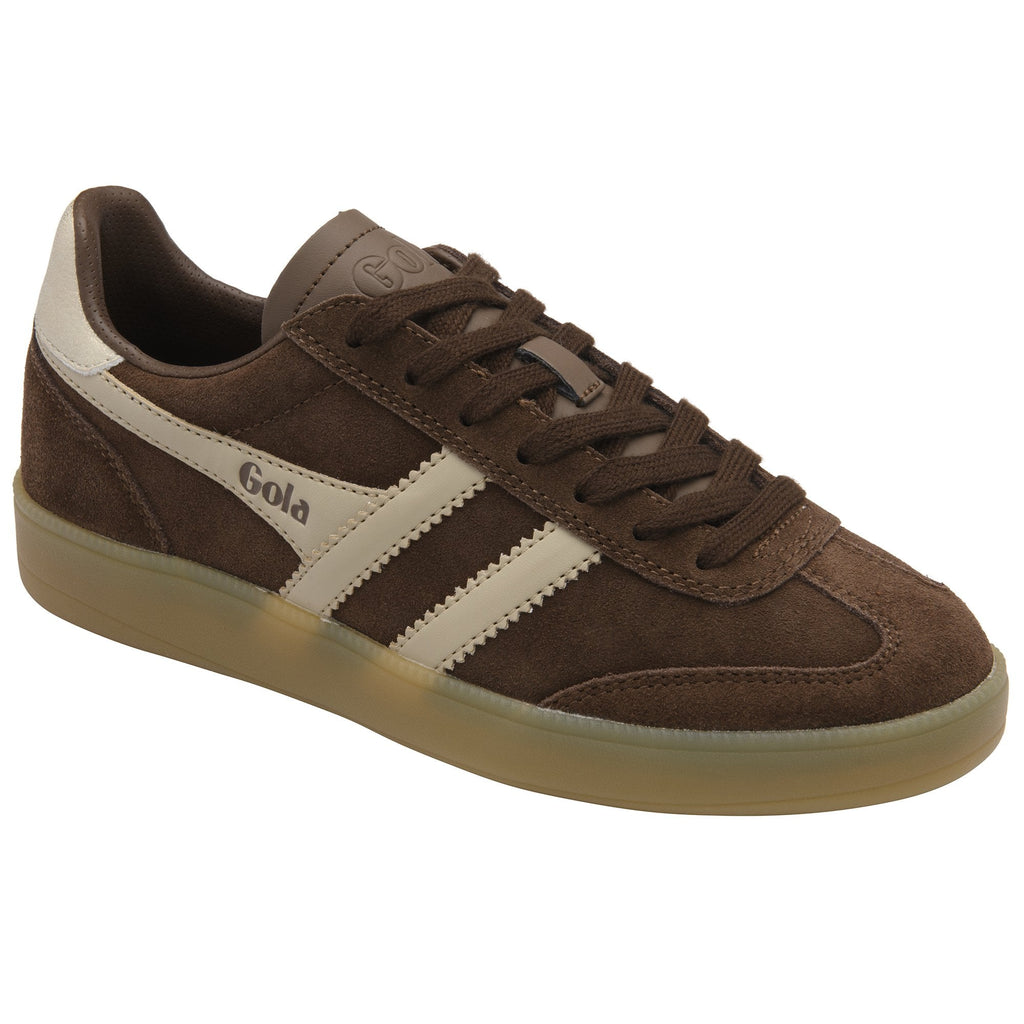 Brown Gola sneaker with cream stripes and a gum sole.