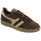 Brown Gola sneaker with cream stripes and a gum sole.