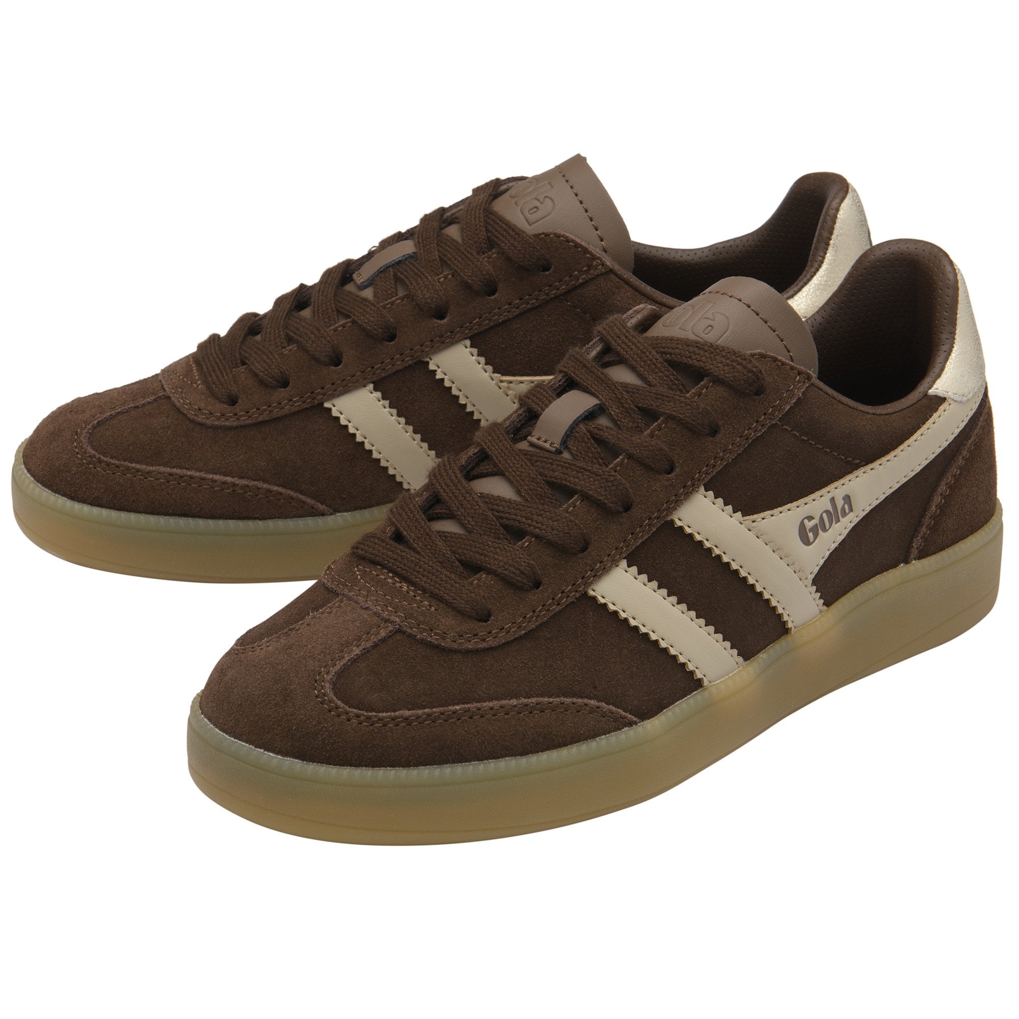 Pair of brown suede Gola sneakers with cream stripes and gum soles.
