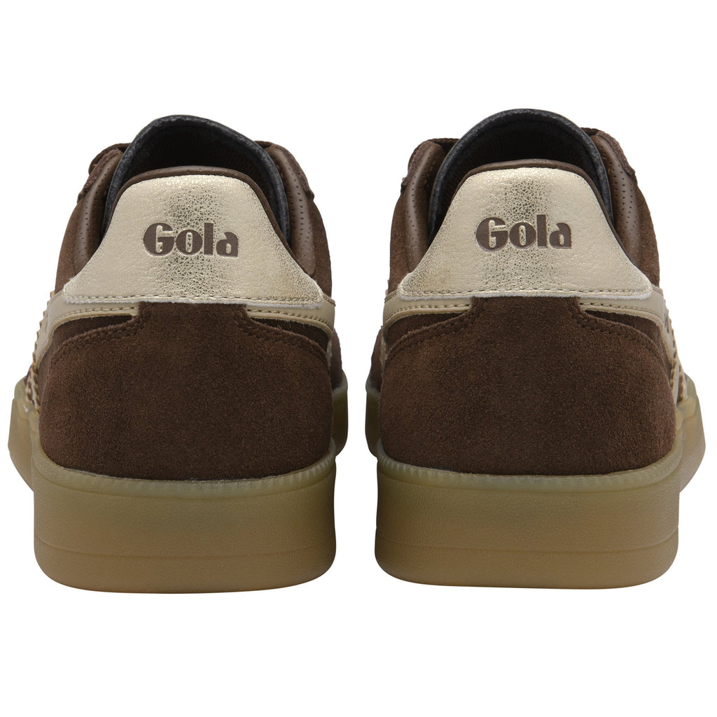 Brown Gola sneakers with gold accents and a tan sole, viewed from the back.