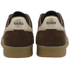 Brown Gola sneakers with gold accents and a tan sole, viewed from the back.