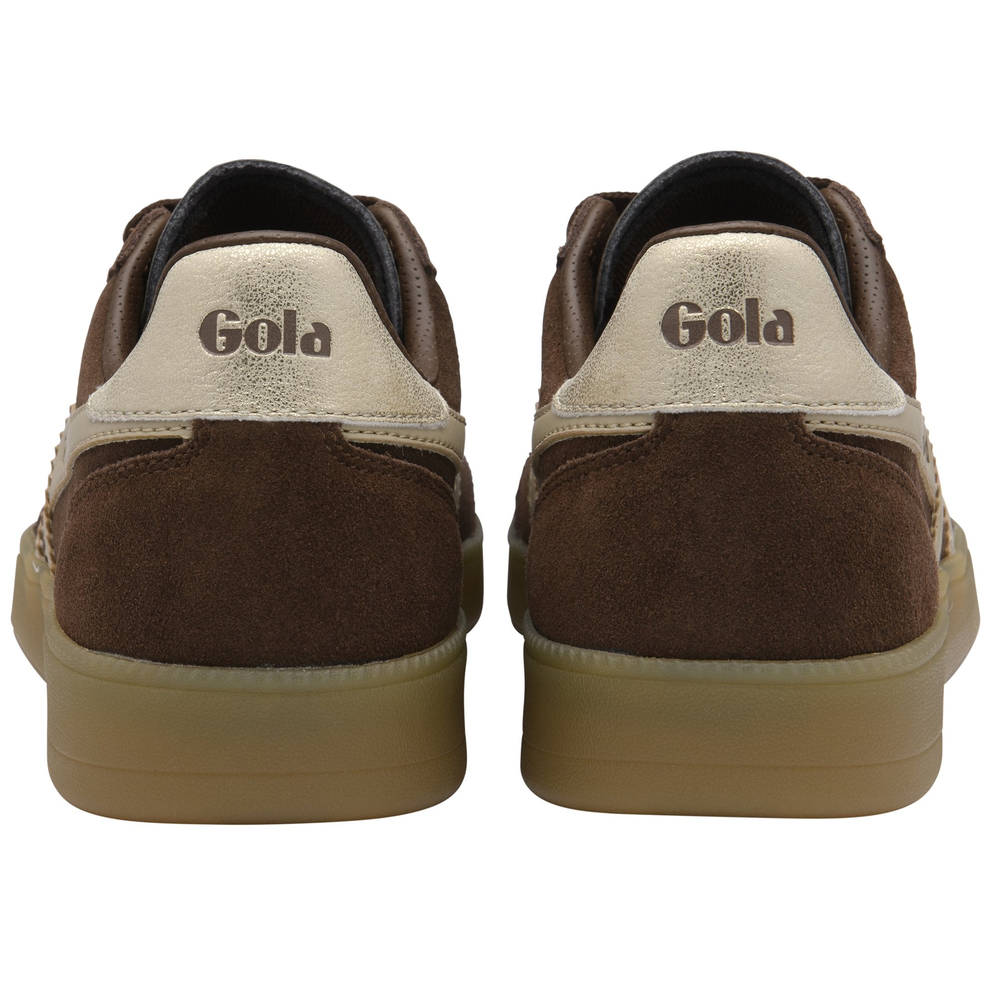 Brown Gola sneakers with gold accents and a tan sole, viewed from the back.