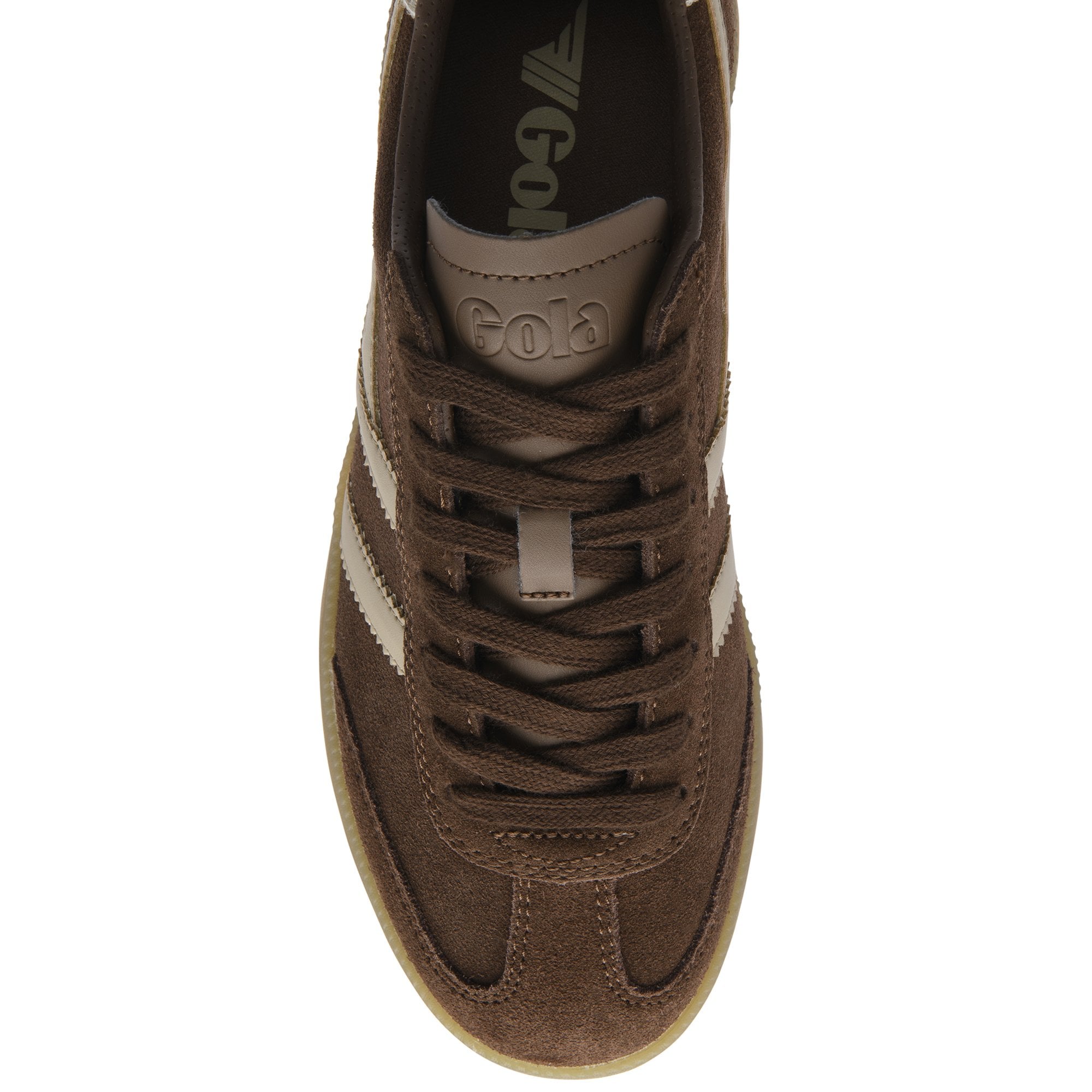 Top-down view of a brown suede Gola sneaker with cream stripes and laces.
