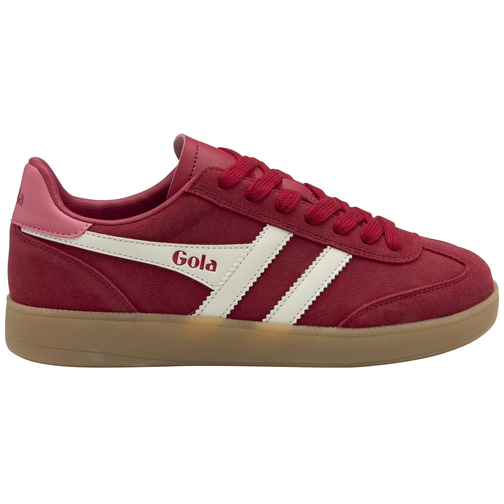 Red Gola sneakers with white stripes and a tan sole.