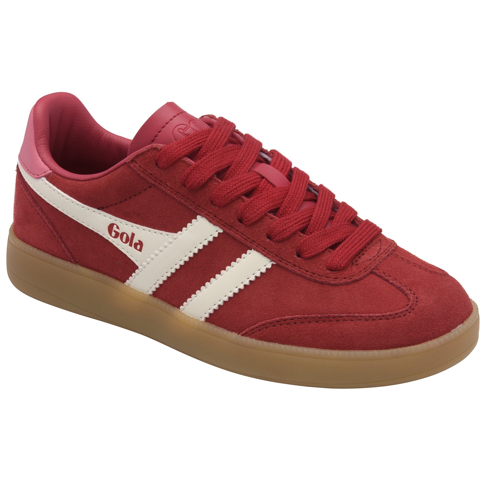 Gola Harrier Suede Trainers in red with white stripes and a gum sole