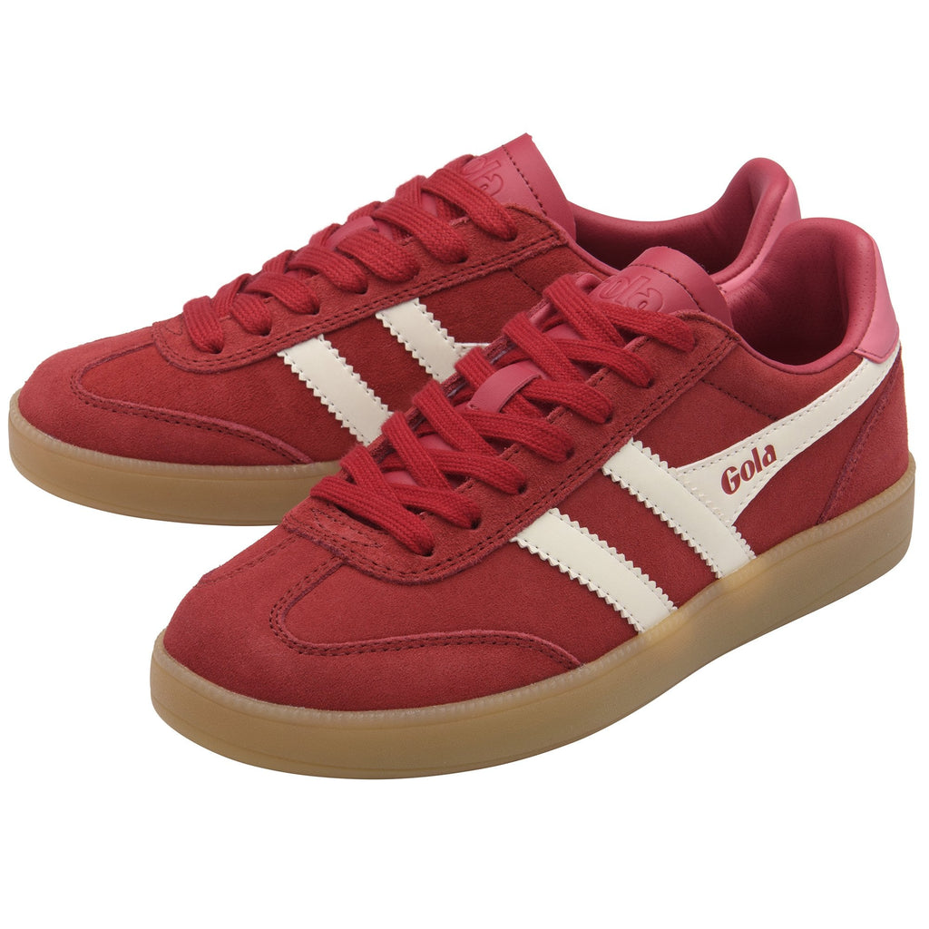 Pair of red Gola sneakers with white stripes and tan soles