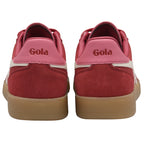Rear view of two red suede Gola sneakers with pink heel tabs and gum soles.