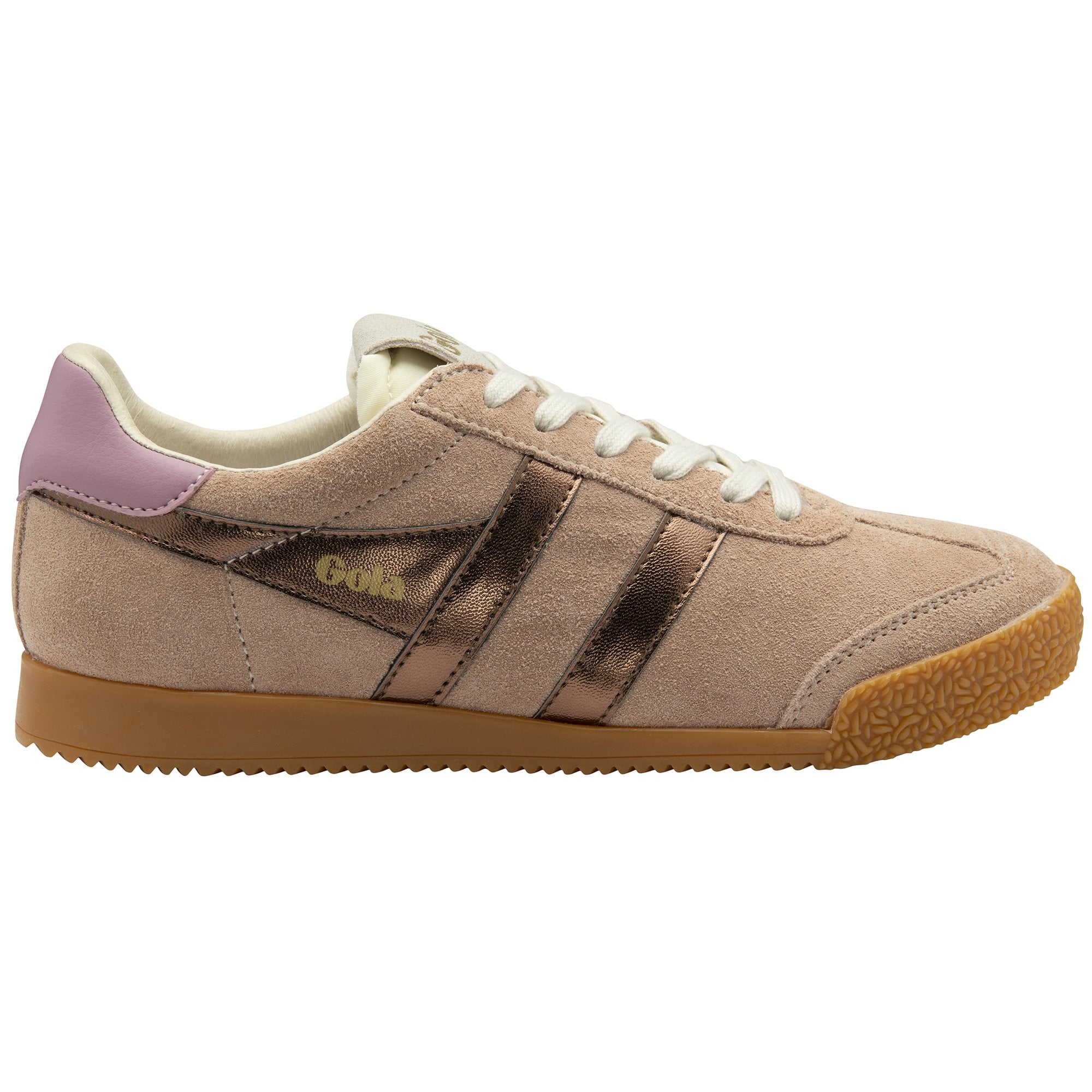 Gola Orchid Platform Savanna trainer in blush pink suede with metallic bronze stripes and a gum sole