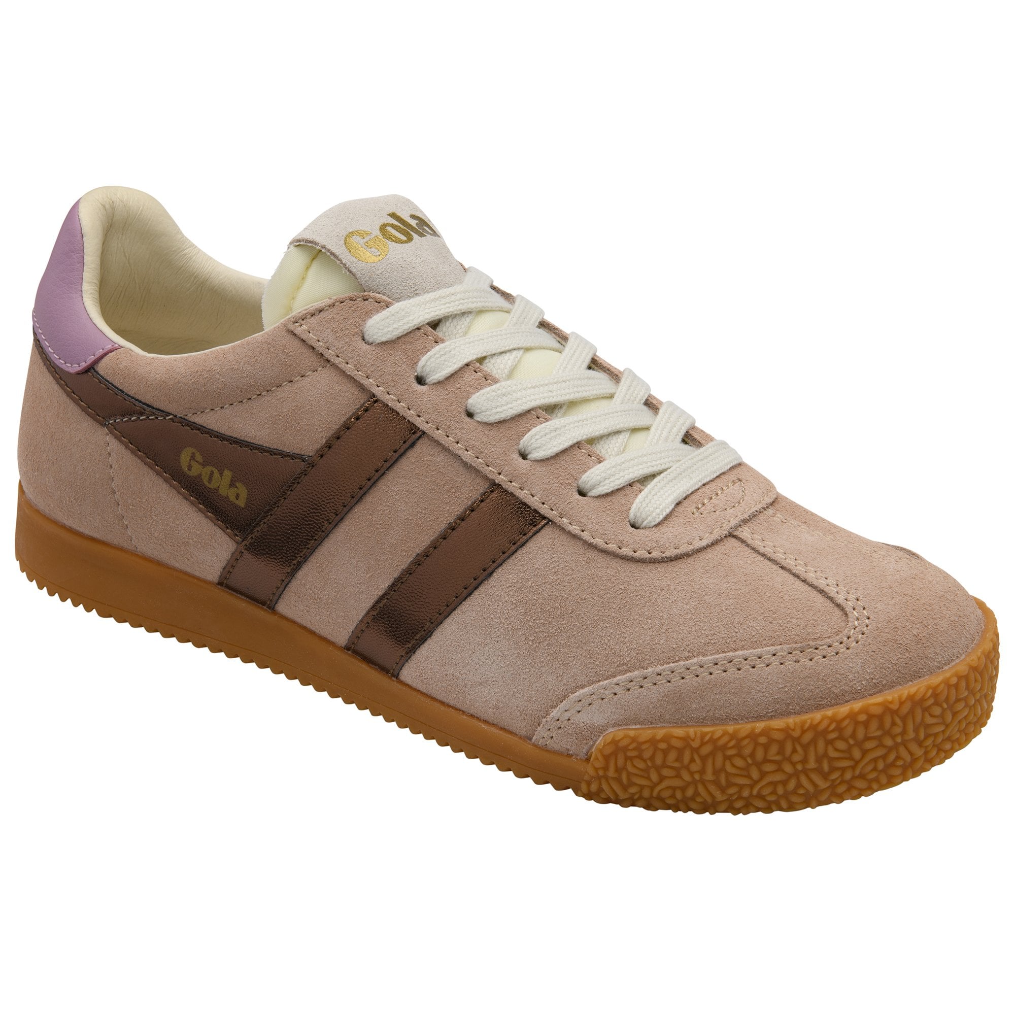 Gola Elan suede trainer in blush pink with metallic bronze stripes and gum sole