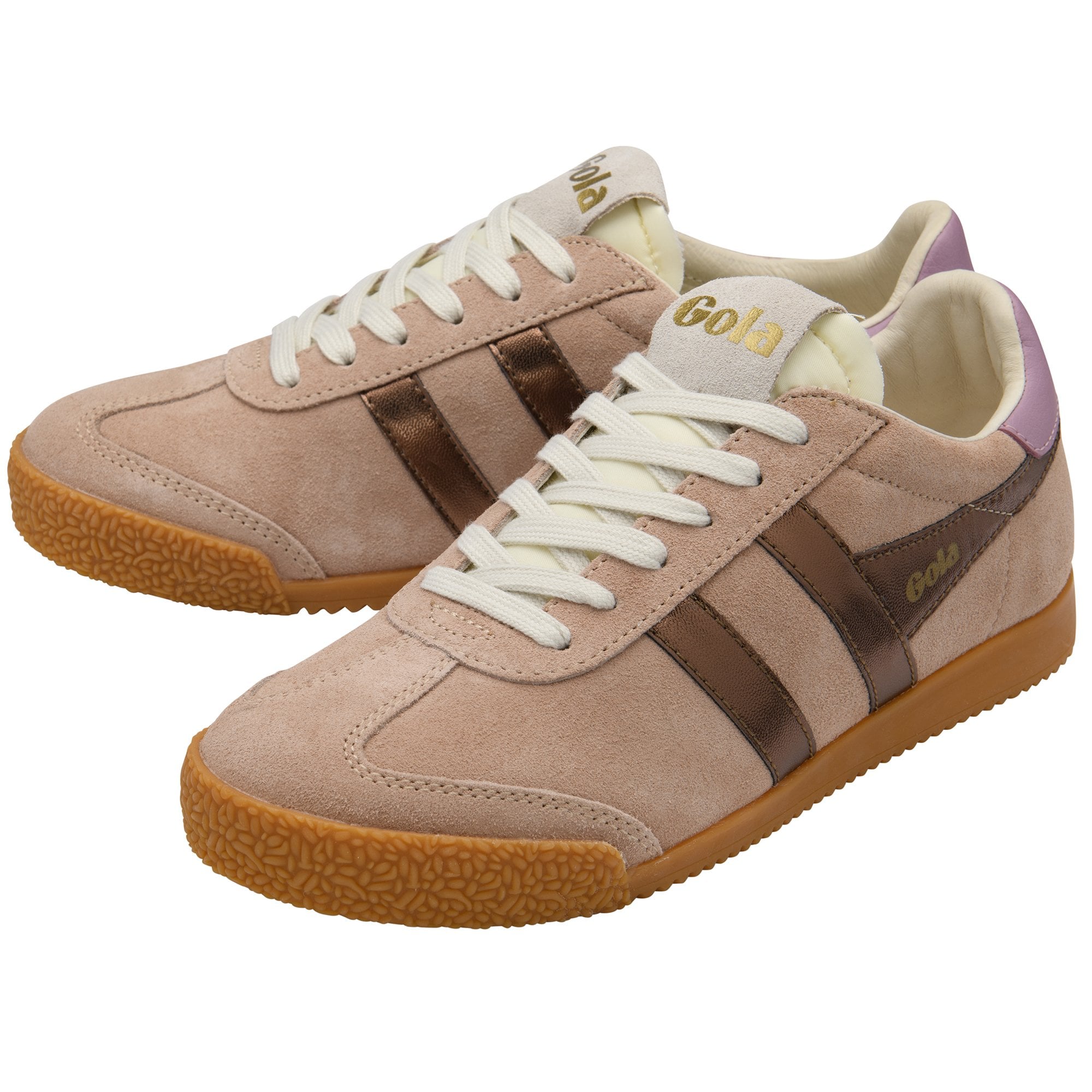 Pair of Gola Elan sneakers in light pink suede with metallic bronze stripes and gum sole