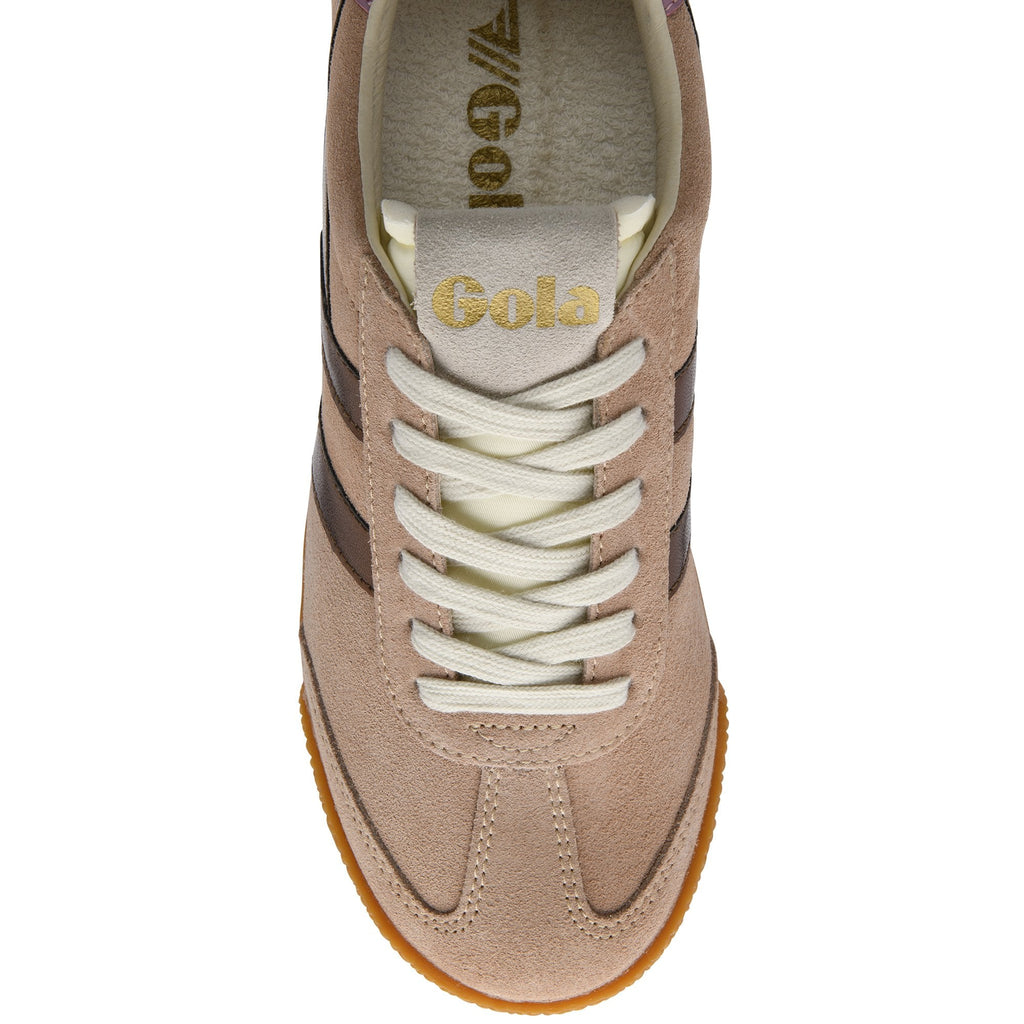 Top-down view of a beige suede sneaker with brown stripes and white laces.