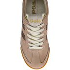 Top-down view of a beige suede sneaker with brown stripes and white laces.