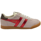 Light pink suede trainer with red metallic stripes and a brown heel tab