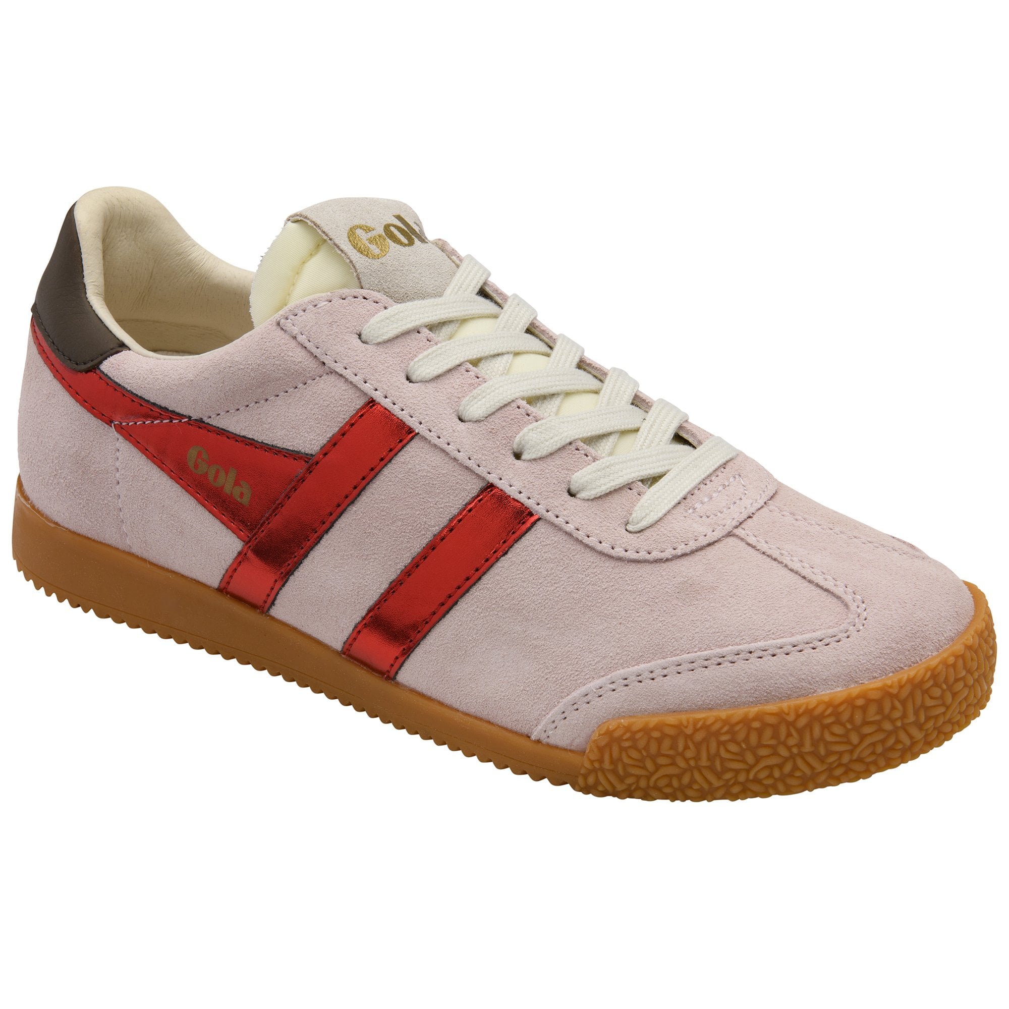 Light pink suede Gola sneaker with red metallic stripes and a brown heel tab.