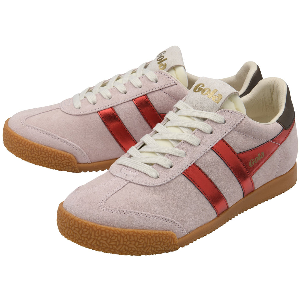 Pair of Gola sneakers in light pink suede with red metallic stripes and gum soles.