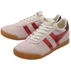 Pair of Gola sneakers in light pink suede with red metallic stripes and gum soles.