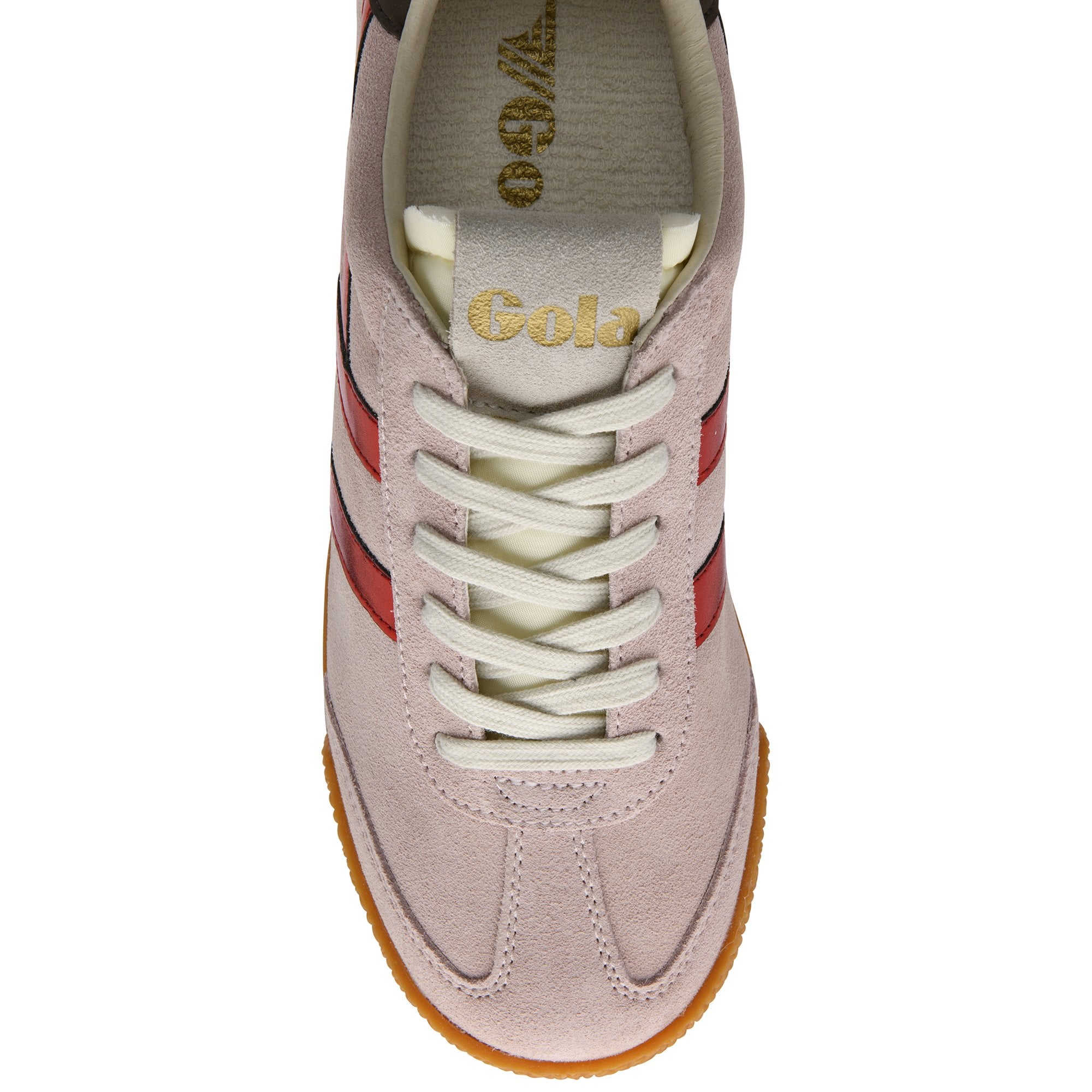 Top-down view of a light pink suede sneaker with red stripes and cream laces.