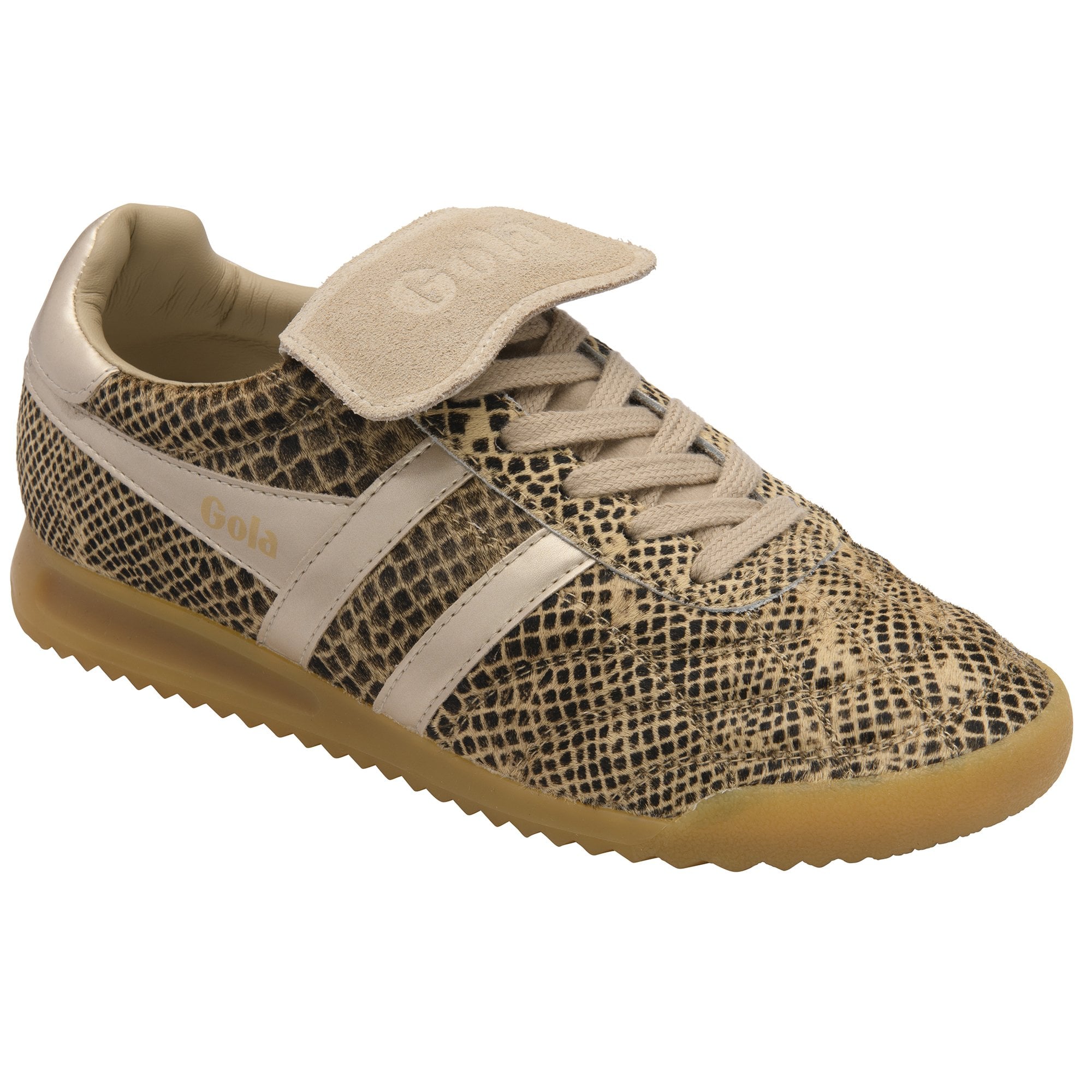 Gola women's trainer in leopard print with beige laces and side stripes