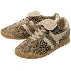 Pair of Gola sneakers with a beige and black snakeskin pattern, white stripes, and tan soles.