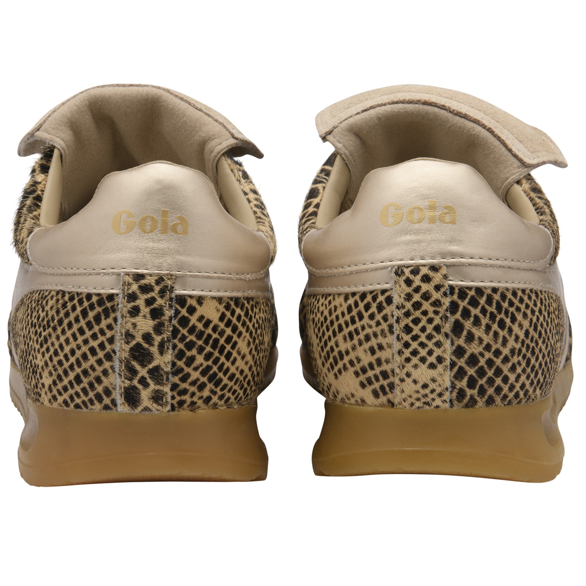 Rear view of two Gola sneakers with gold heels and leopard print sides.