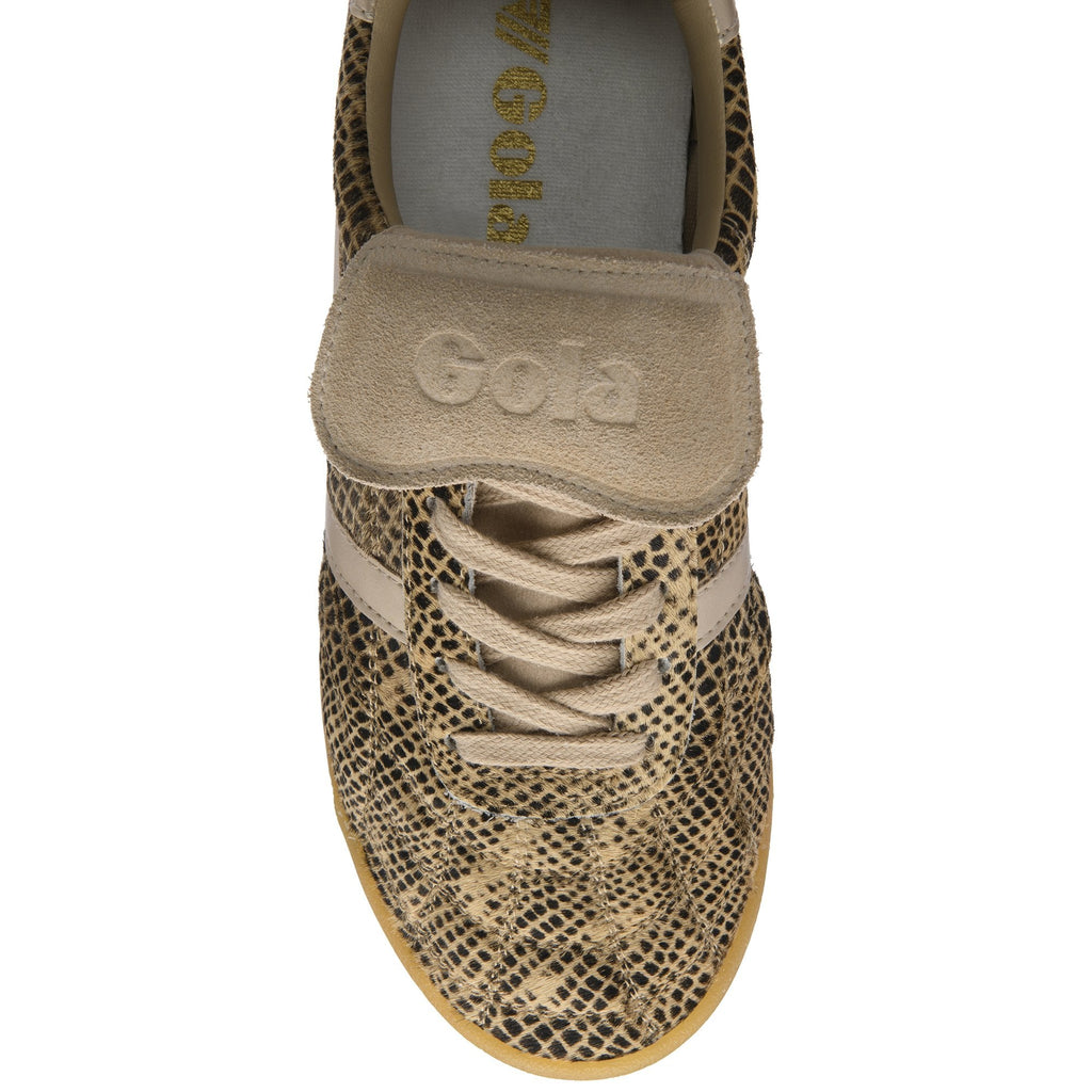 Top-down view of a Gola sneaker with a leopard print pattern and beige laces.