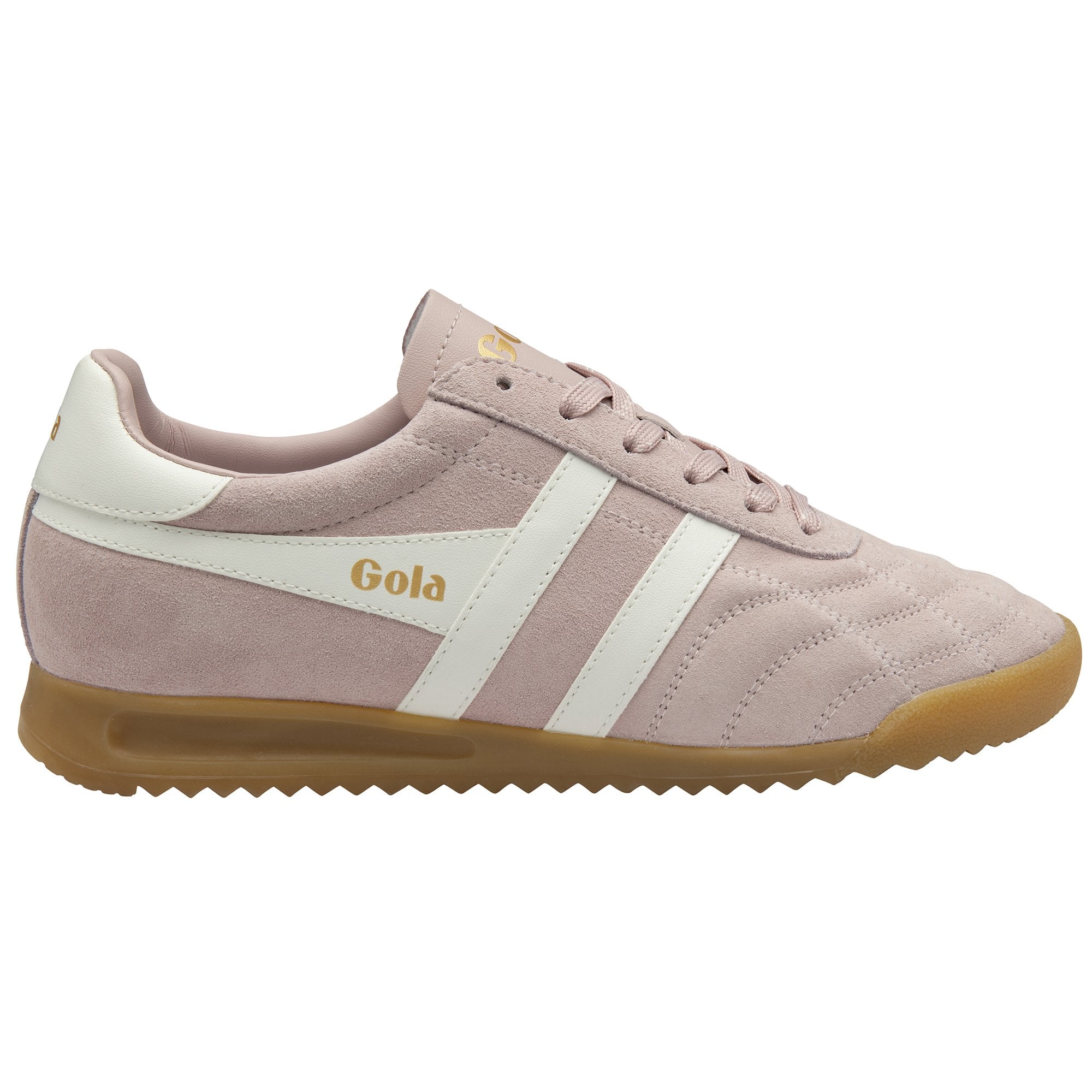 Pink suede Gola sneakers with white stripes and a brown sole.