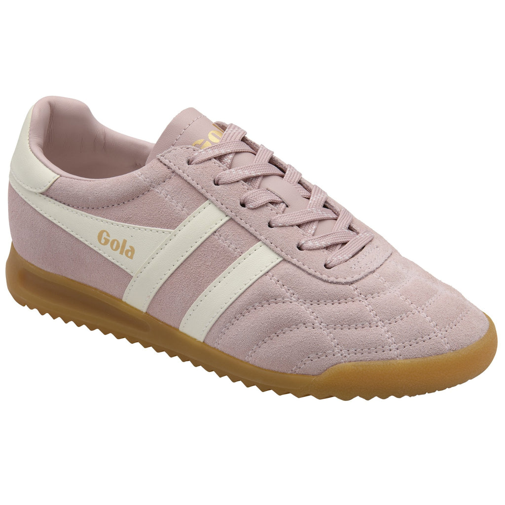 Gola women's trainer in pink suede with white stripes and a gum sole