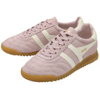 Pink suede sneakers with white stripes and brown soles.