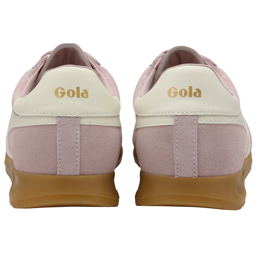 Rear view of two Gola sneakers in light pink suede with cream heel tabs and gum soles.