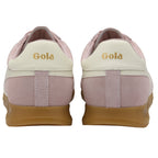 Rear view of two Gola sneakers in light pink suede with cream heel tabs and gum soles.