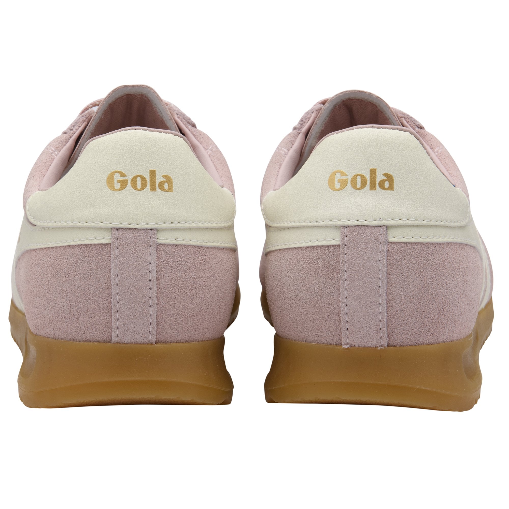 Rear view of two Gola sneakers in light pink suede with cream heel tabs and gum soles.