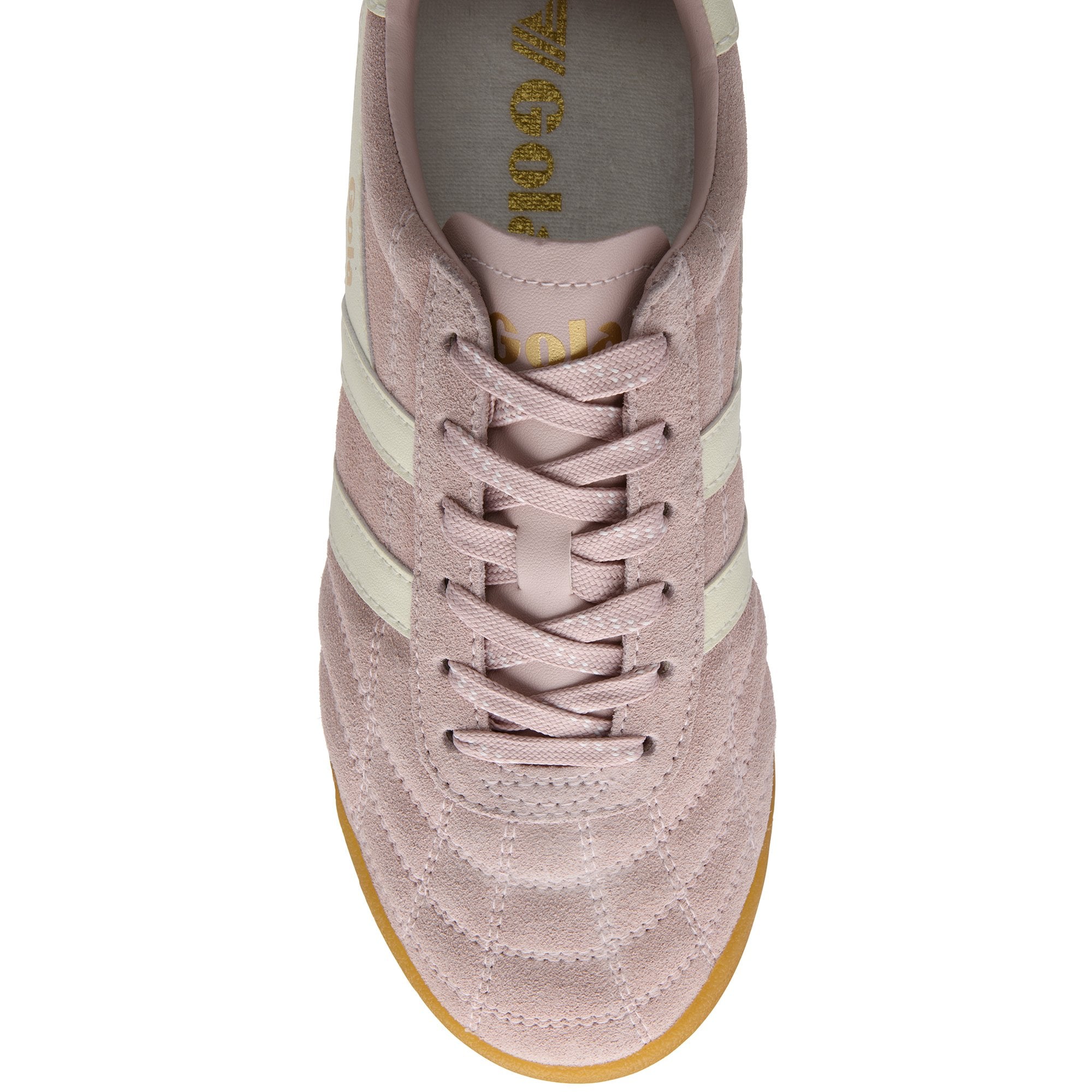 Top-down view of a pink suede sneaker with cream stripes and laces, and a gum sole.