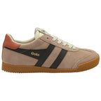 Light brown suede Gola sneaker with black stripes, white laces, and a gum sole.