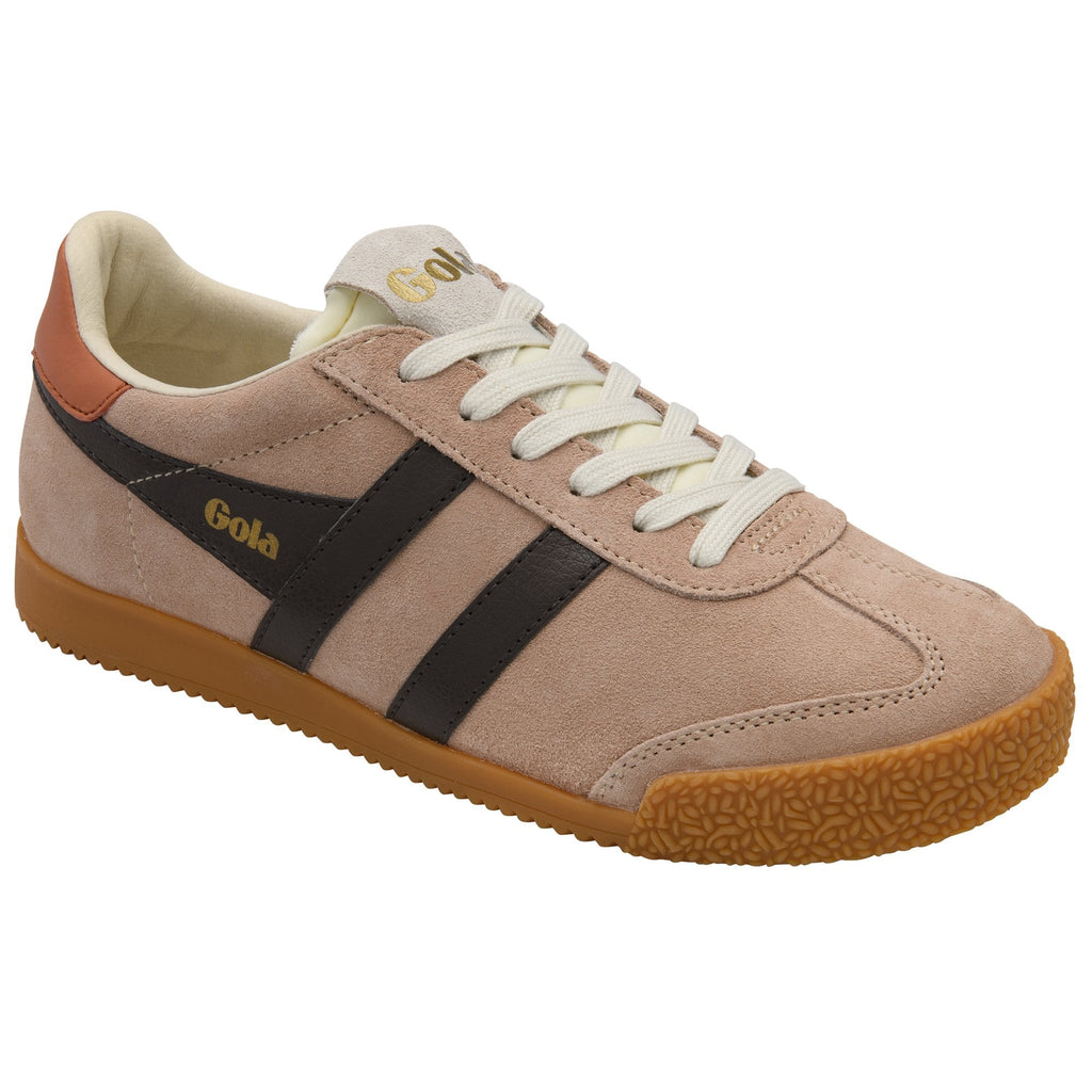 Gola Harrier suede trainer in fawn with black stripes and a gum sole
