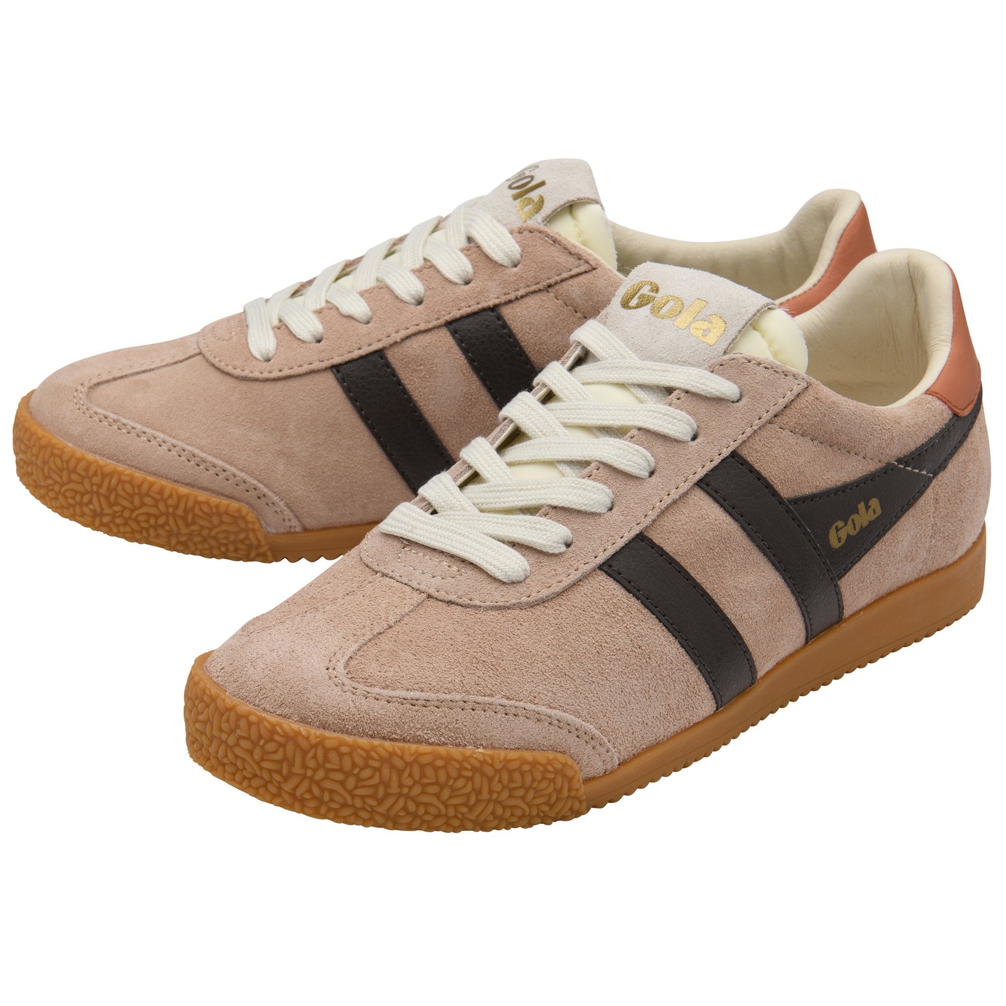 Pair of Gola sneakers in light brown suede with dark brown stripes and gum soles.