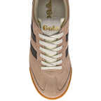 Top-down view of a Gola trainer in light brown suede with black stripes and white laces